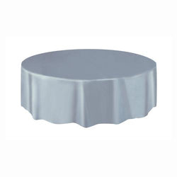 Silver Solid Round Plastic Table Cover, 84